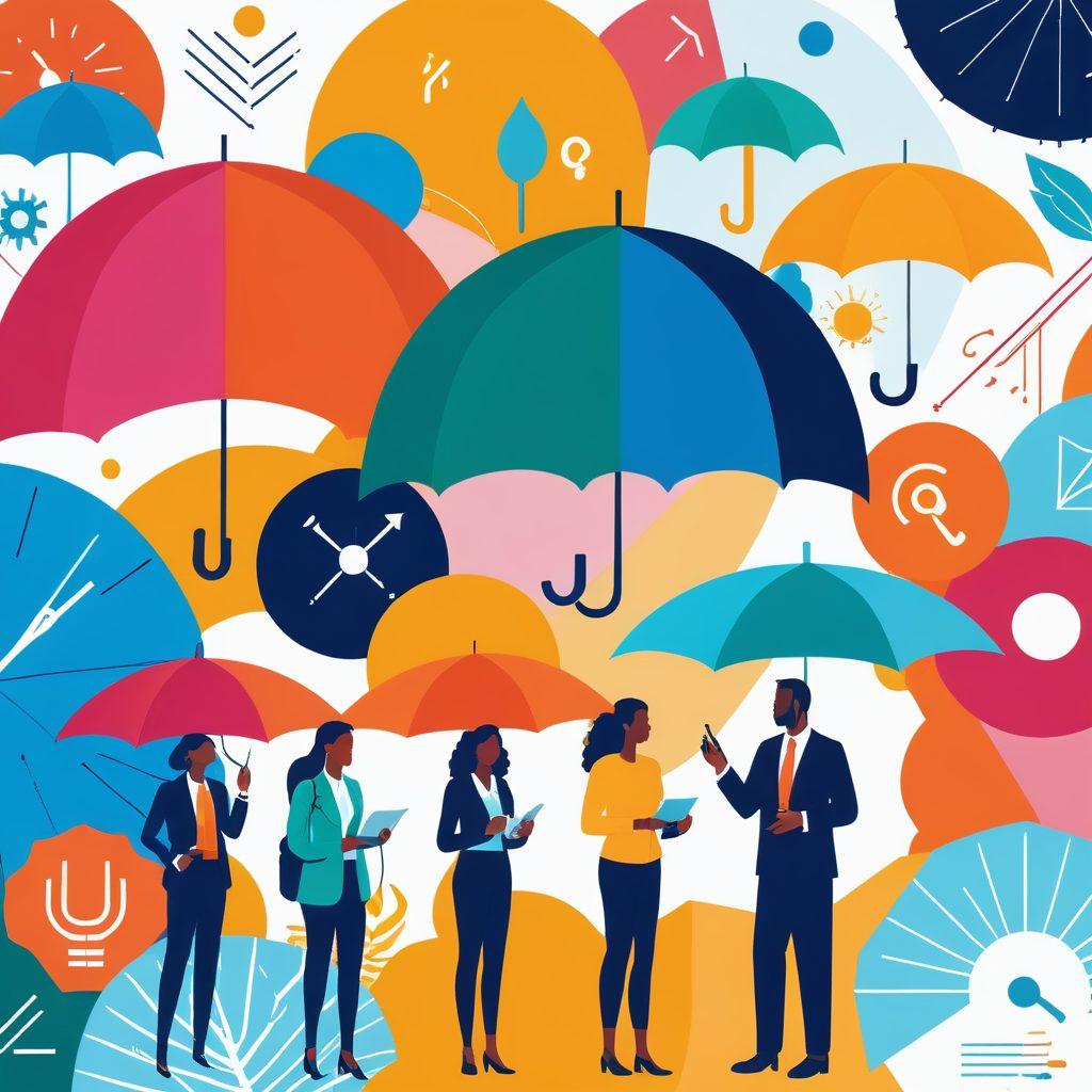 A visually striking illustration showcasing a diverse group of people exploring insurance options, with iconic insurance symbols like shields and umbrellas in the background. Include a magnifying glass symbolizing search and discovery, surrounded by colorful graphs and charts representing savings and deals. The scene should convey a sense of empowerment and strategy. vibrant colors. flat design. minimalistic style.