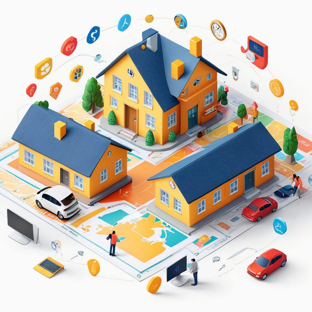 A diverse map depicting various insurance icons (house, car, health, etc.) connected with arrows symbolizing global coverage. Different currencies and clocks illustrate affordability and time zones. A diverse group of people engaging with laptops, discussing insurance options in a modern, collaborative setting. Bright and inviting color palette for approachability. vector art. vibrant colors. white background.