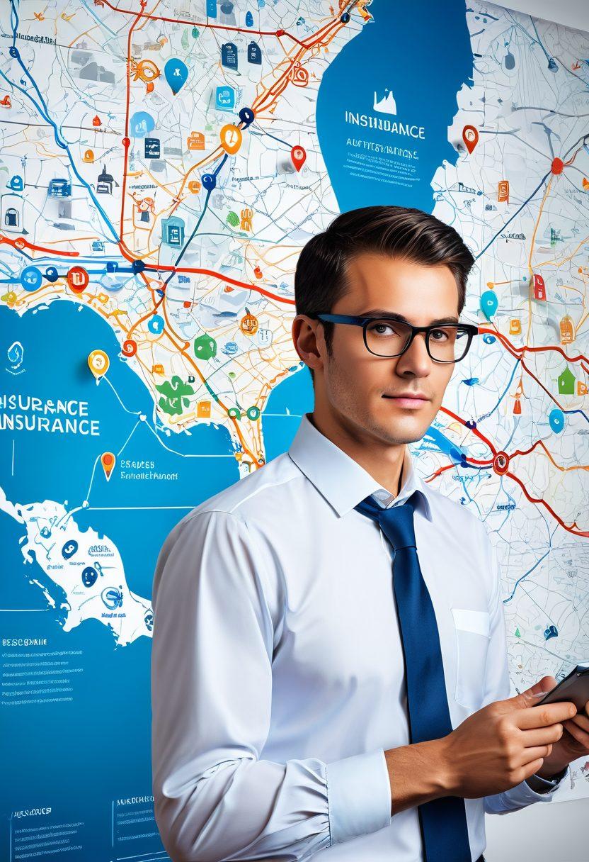 A professional-looking individual standing in front of a large, intricate map showcasing various insurance symbols and policy types, with vibrant icons representing health, auto, home, and life insurance. The individual is holding a magnifying glass, symbolizing the need to carefully examine options. The background is a blend of modern office elements and digital interfaces, creating a sense of guidance through complexity. super-realistic. vibrant colors. white background.